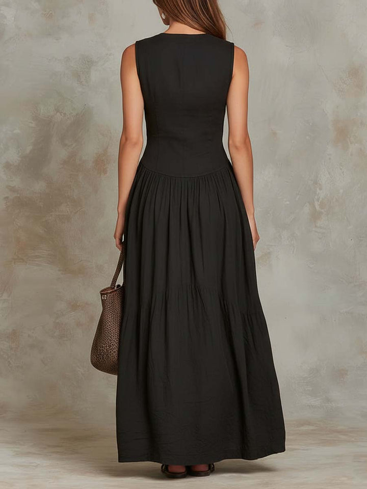 Retro Flap Pocket Cotton Maxi Dress