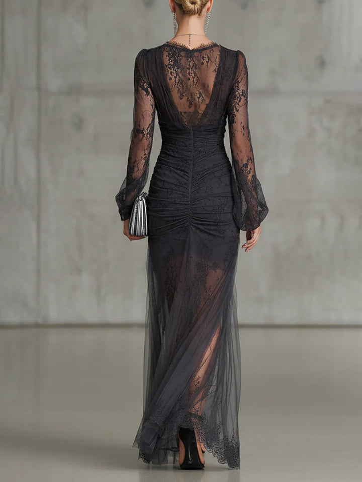 Heidi™ | Long black dress with deep V-neck and dramatic slit