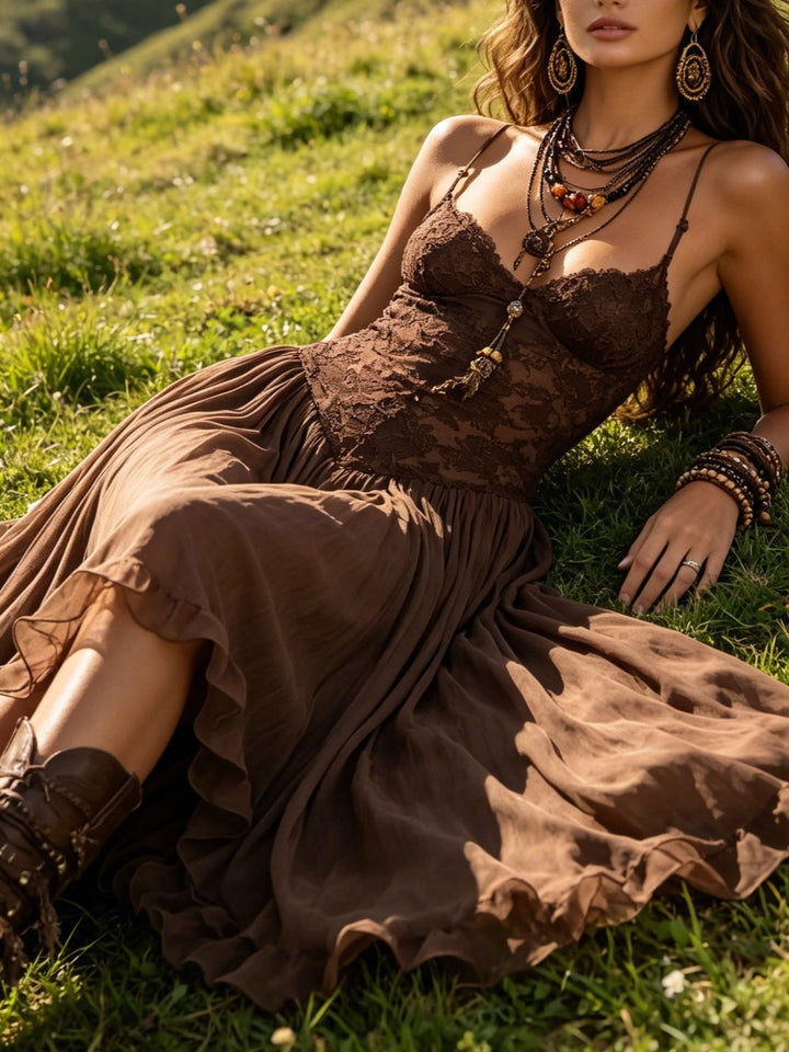 Dark Brown Lace-Paneled Chiffon Maxi Dress