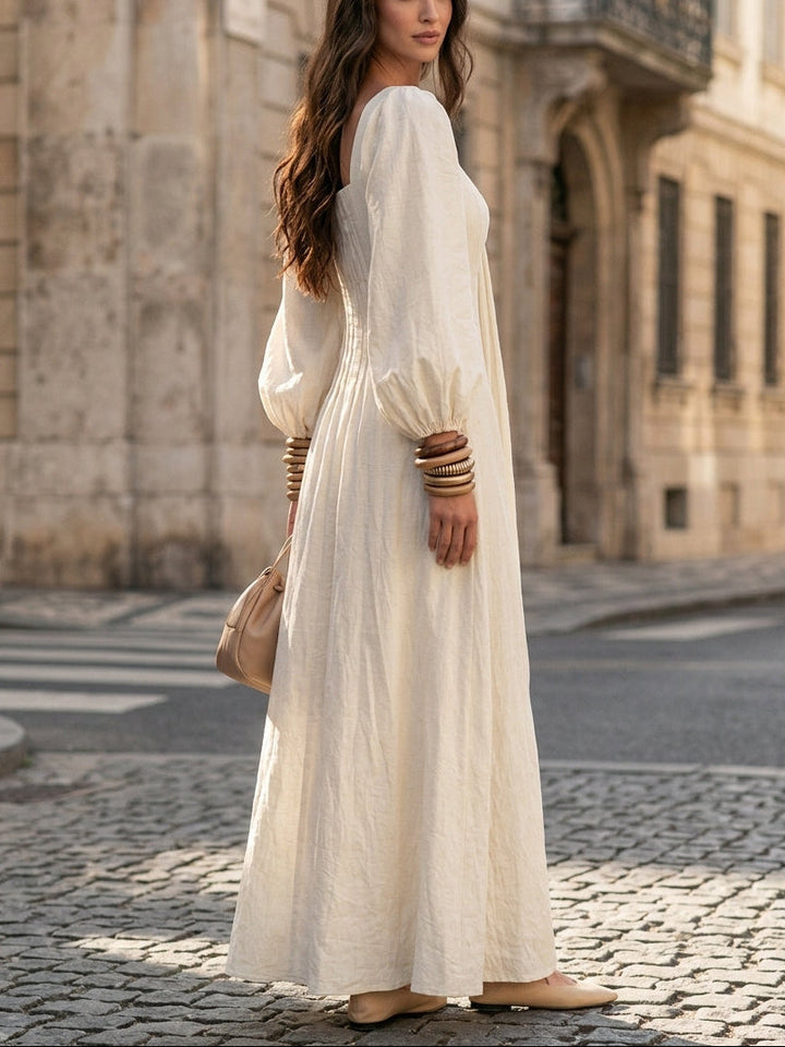 Casual Beige Cotton-linen Long-sleeved Maxi Dress