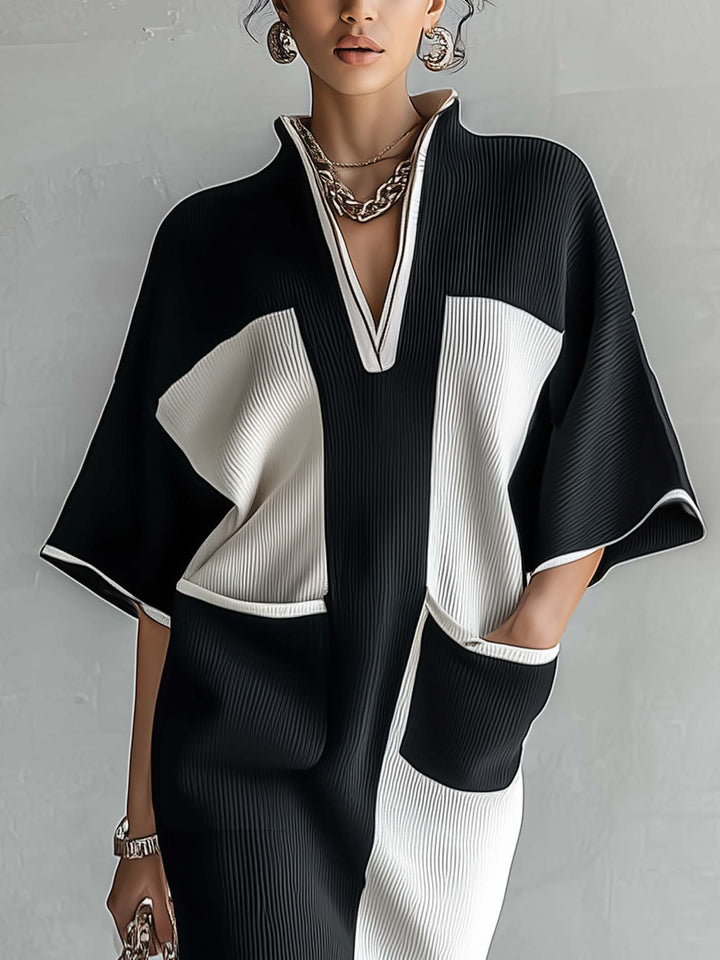 Black and white color-block midi dress with batwing sleeves
