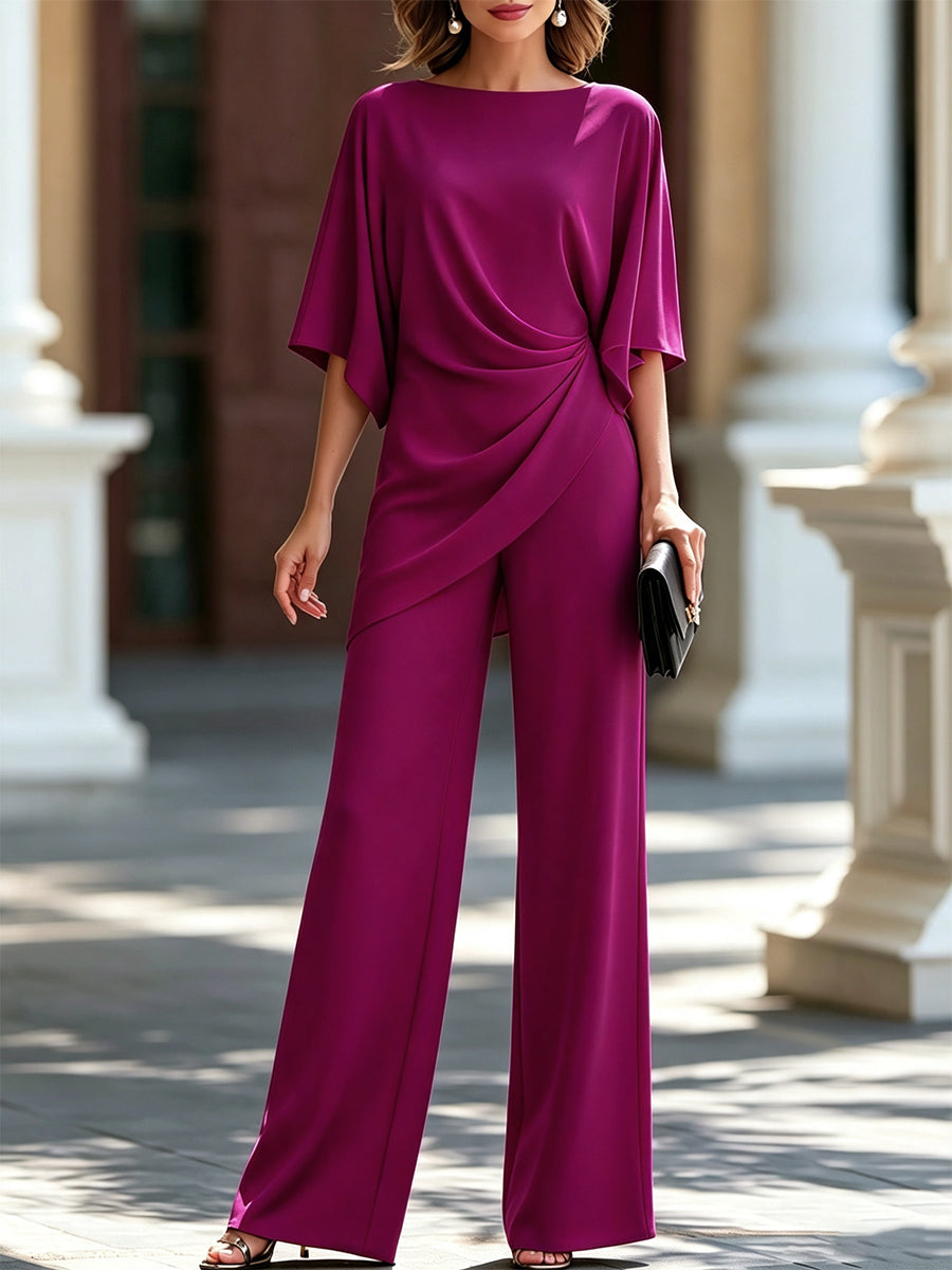 Draped Waist Blouse And Wide-Leg Pants Two-Piece Set