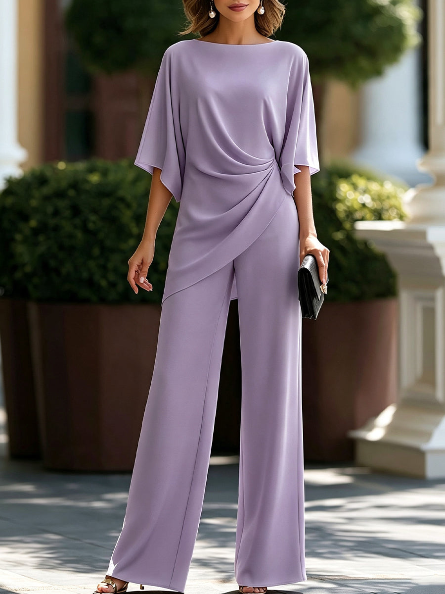 Draped Waist Blouse And Wide-Leg Pants Two-Piece Set