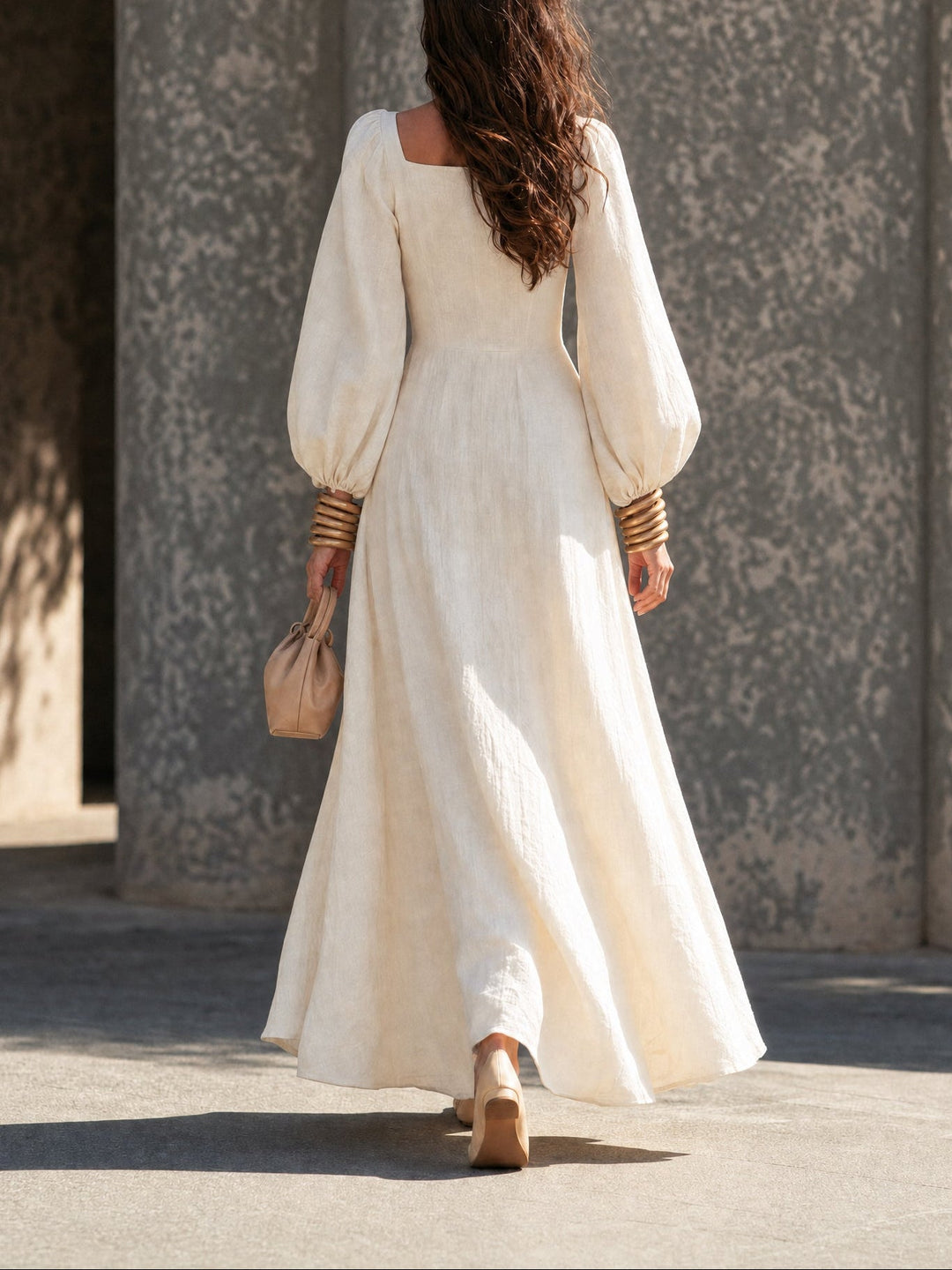 Casual Beige Cotton-linen Long-sleeved Maxi Dress