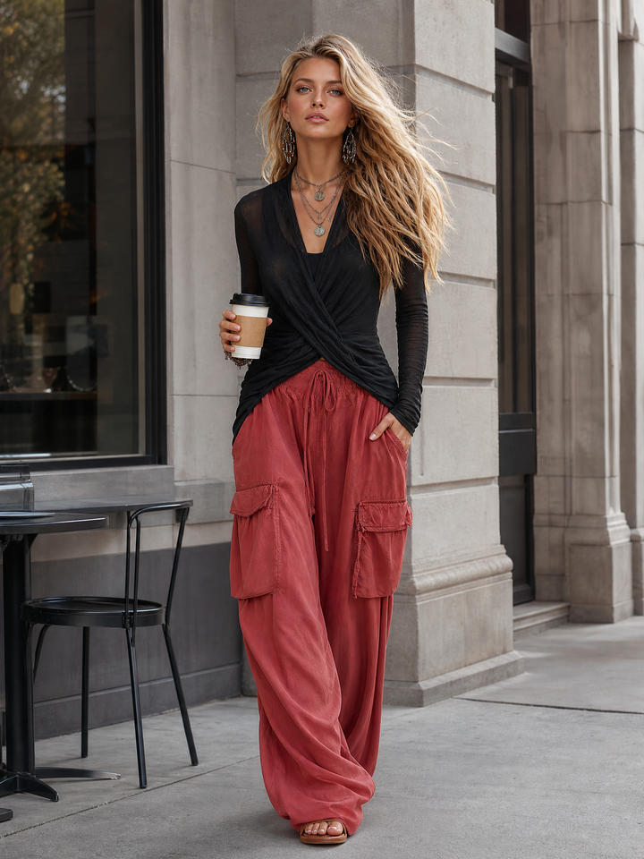 Retro Casual Workwear Style Black V-Neck Mesh Long-sleeved Top And Red Cotton Pants Set