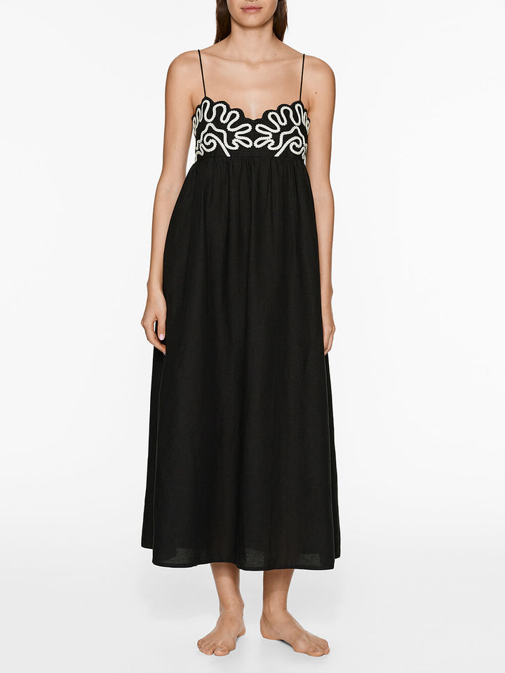Classic Linen Floral Patchwork Suspender Midi Dress