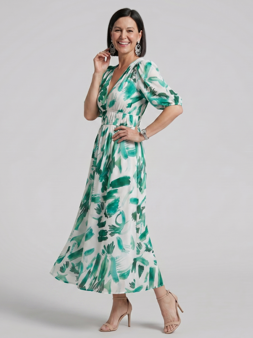Candlia™ | Puff Sleeve V Neck Abstract Print Midi Dress
