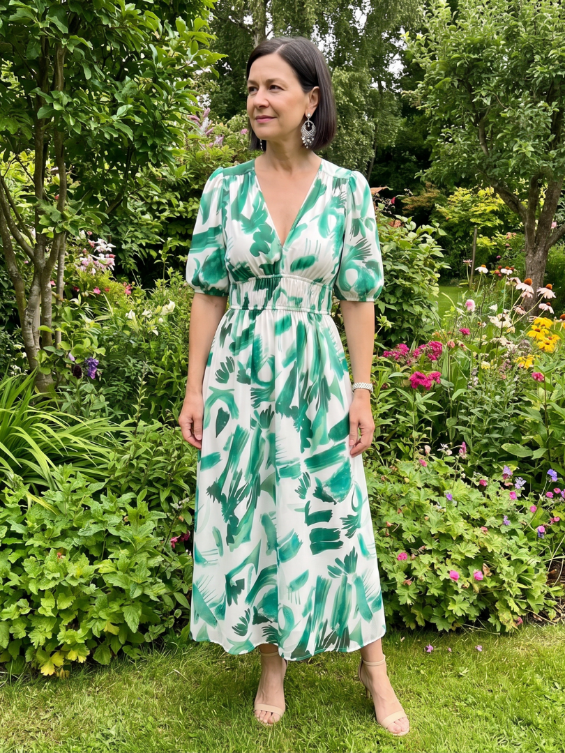 Candlia™ | Puff Sleeve V Neck Abstract Print Midi Dress