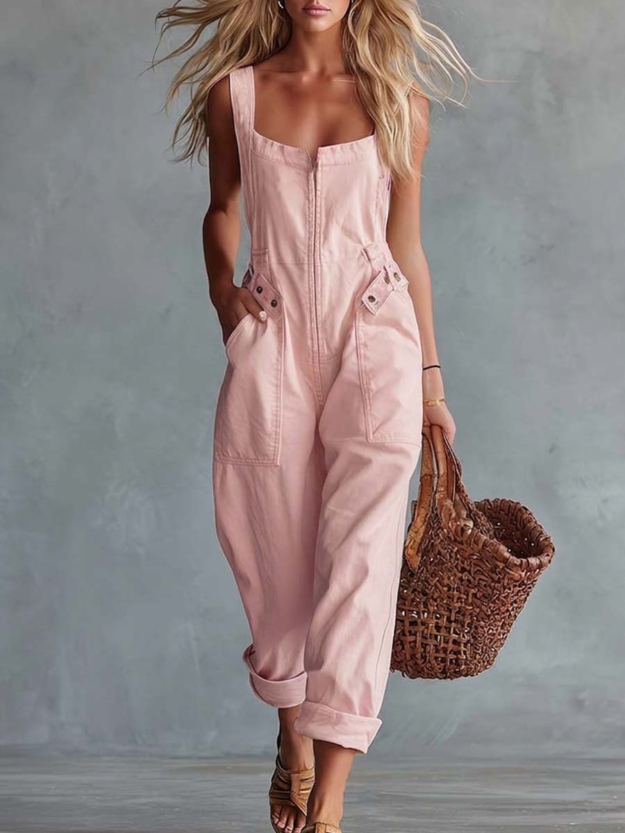 Casual Retro Square Neck Front Zipper Light Yellow Denim Jumpsuit