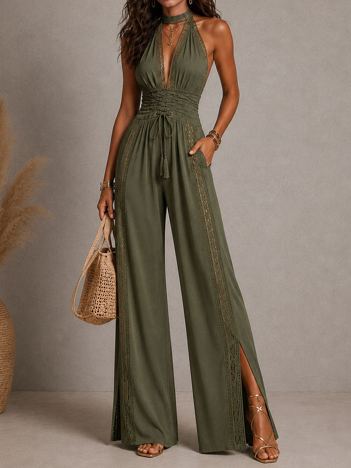 Boho Elegant Lace Panel Smocked Waist Wide Leg One-Piece Jumpsuit