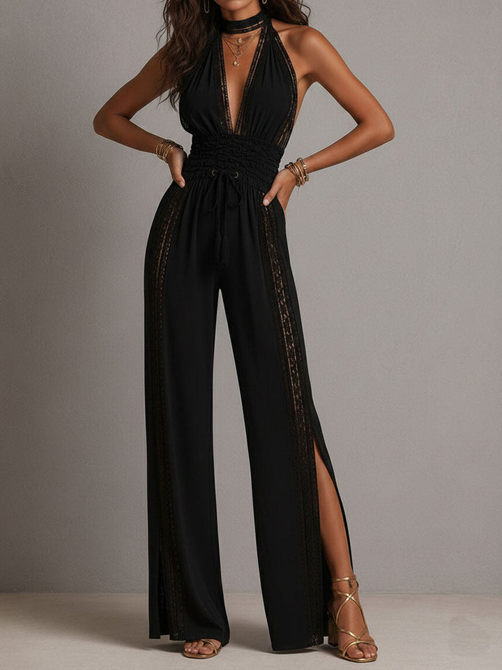Boho Elegant Lace Panel Smocked Waist Wide Leg One-Piece Jumpsuit