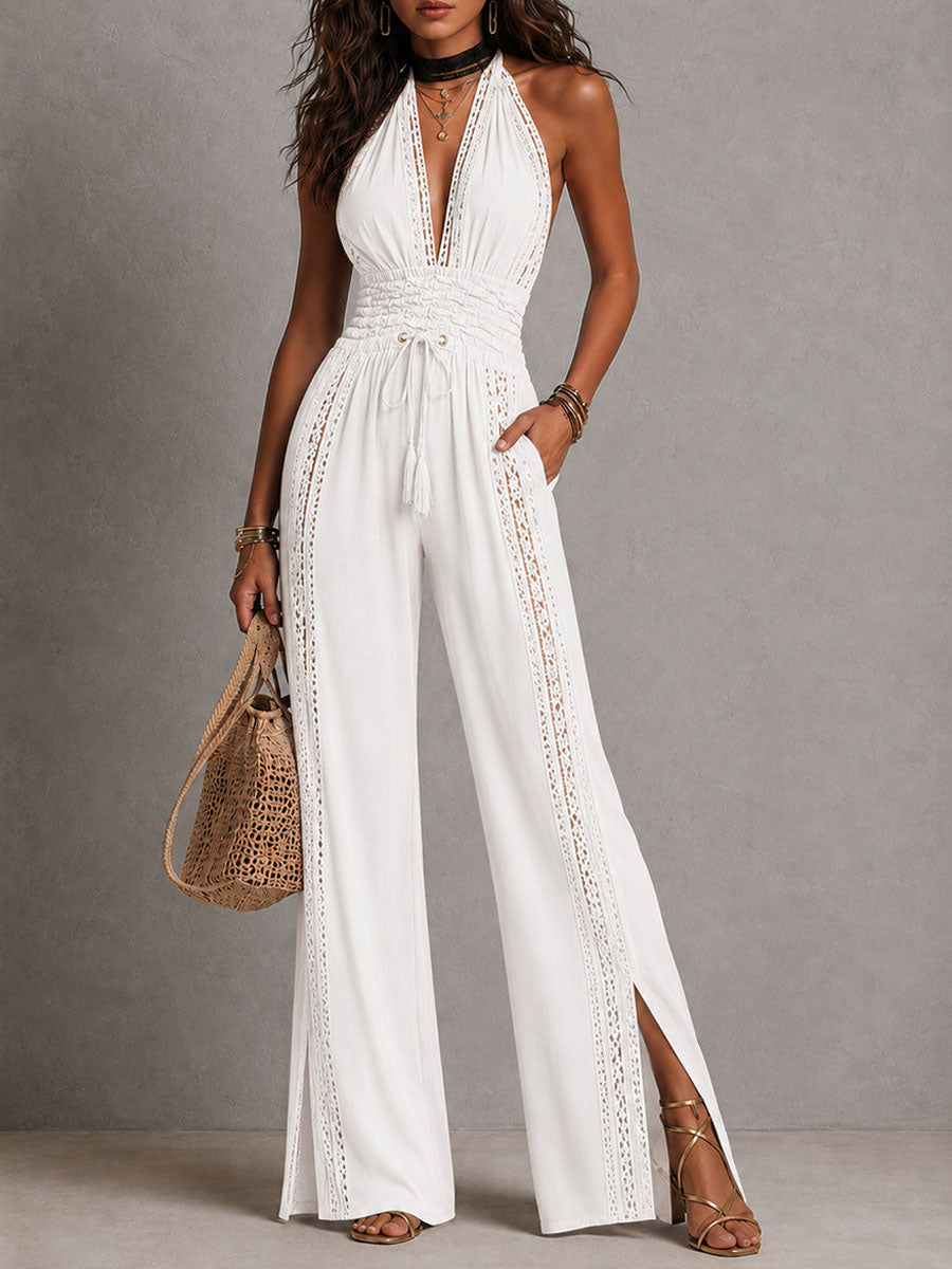 Boho Elegant Lace Panel Smocked Waist Wide Leg One-Piece Jumpsuit