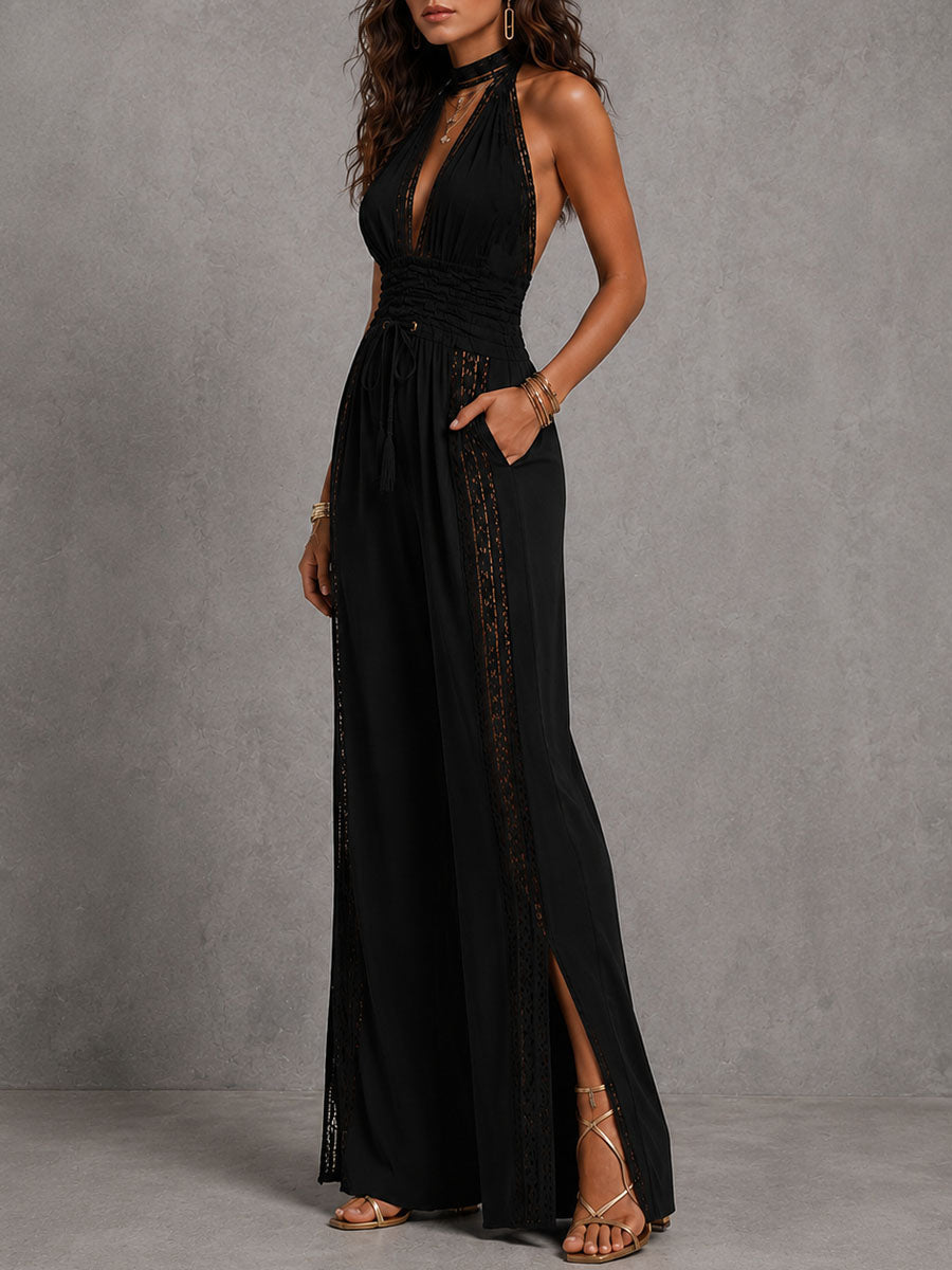 Boho Elegant Lace Panel Smocked Waist Wide Leg One-Piece Jumpsuit