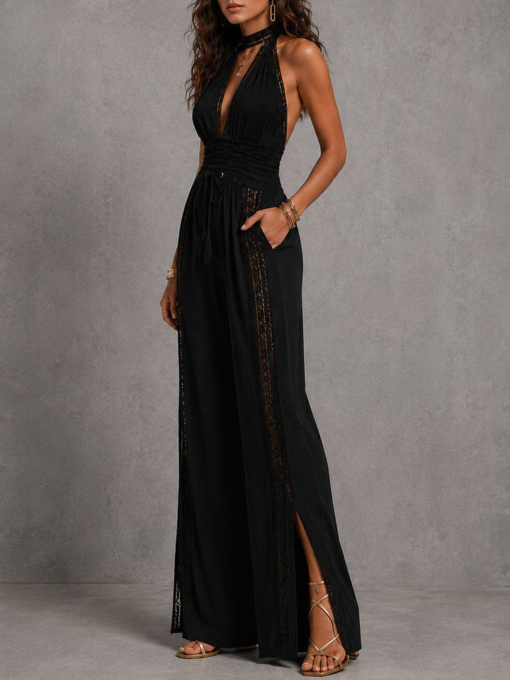Boho Elegant Lace Panel Smocked Waist Wide Leg One-Piece Jumpsuit