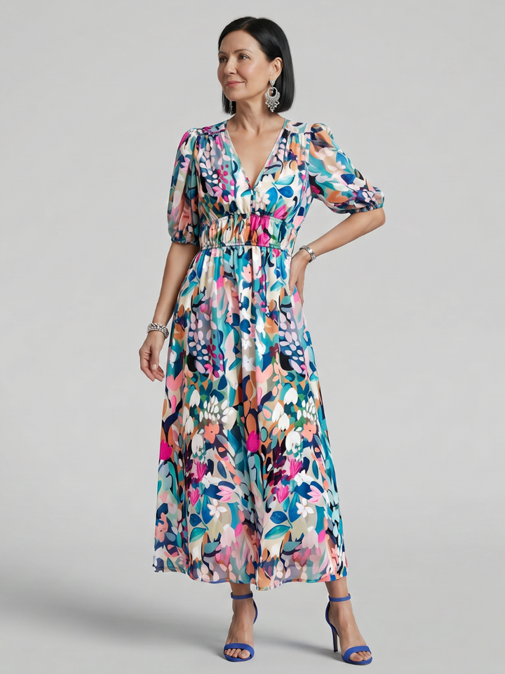 Candlia™ | Puff Sleeve V Neck Abstract Print Midi Dress