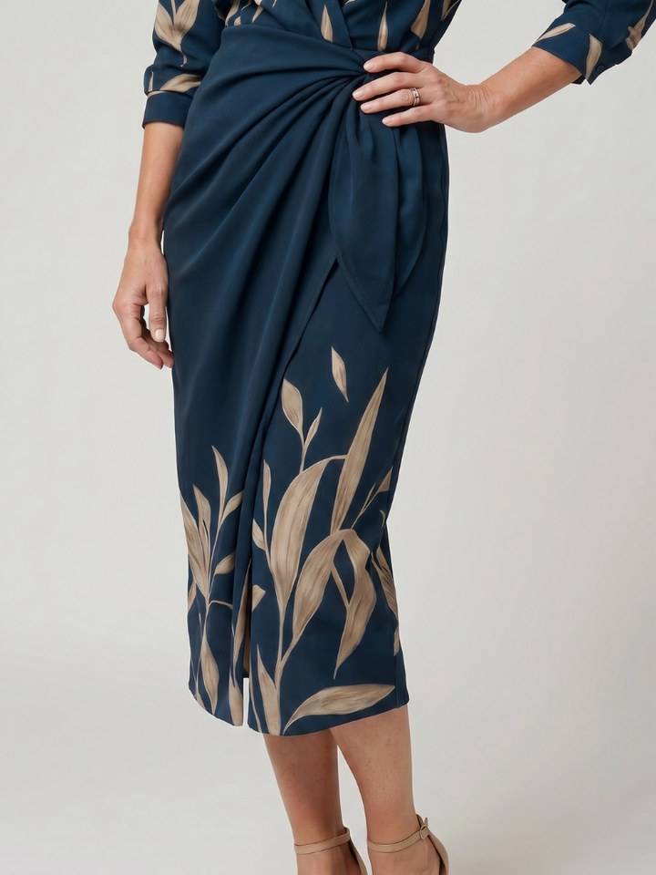 Leya™ | Long Sleeve Collared Wrap Stripe Pattern Midi Dress