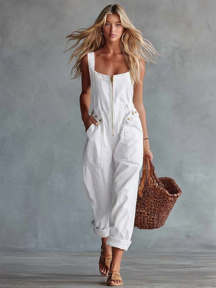 Casual Retro Square Neck Front Zipper Light Yellow Denim Jumpsuit