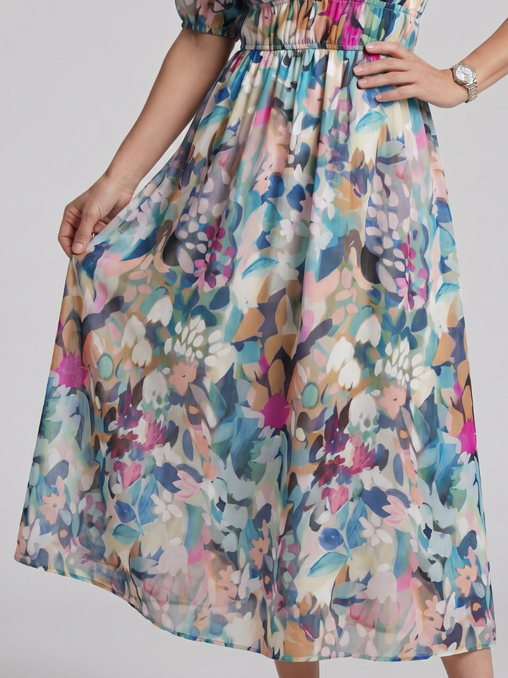 Candlia™ | Puff Sleeve V Neck Abstract Print Midi Dress