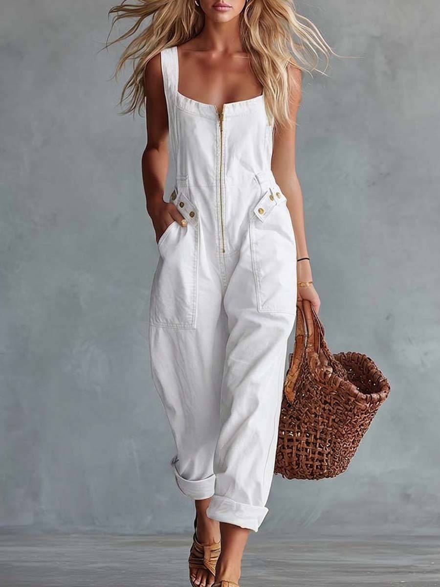 Casual Retro Square Neck Front Zipper Light Yellow Denim Jumpsuit