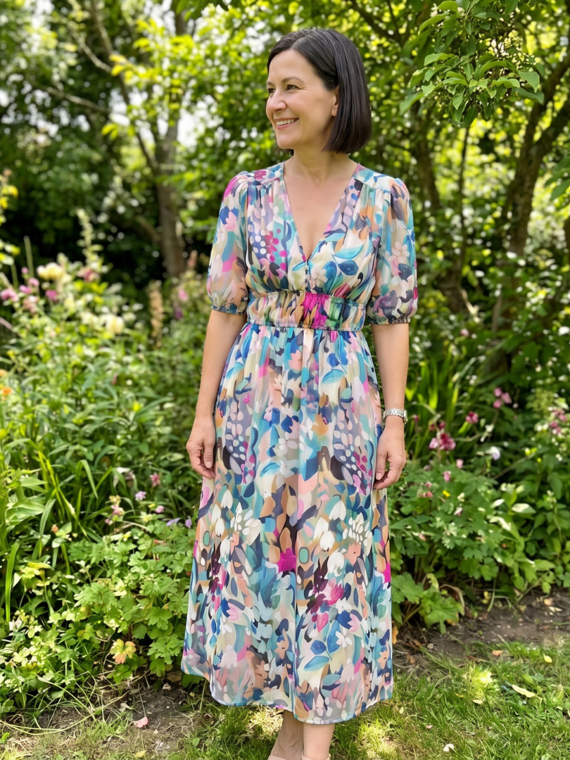 Candlia™ | Puff Sleeve V Neck Abstract Print Midi Dress