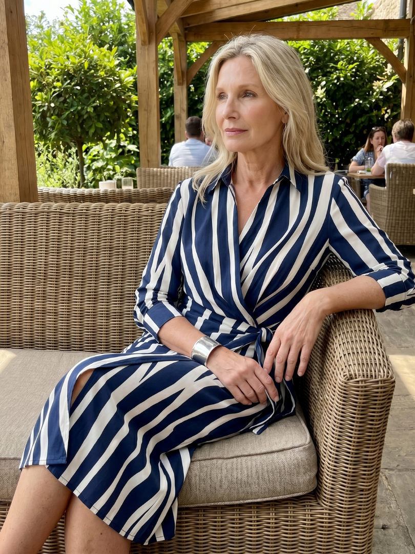 Leya™ | Long Sleeve Collared Wrap Stripe Pattern Midi Dress