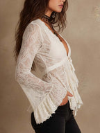 Vintage Boho Lace Flare Sleeve Tie-Front Peplum Top