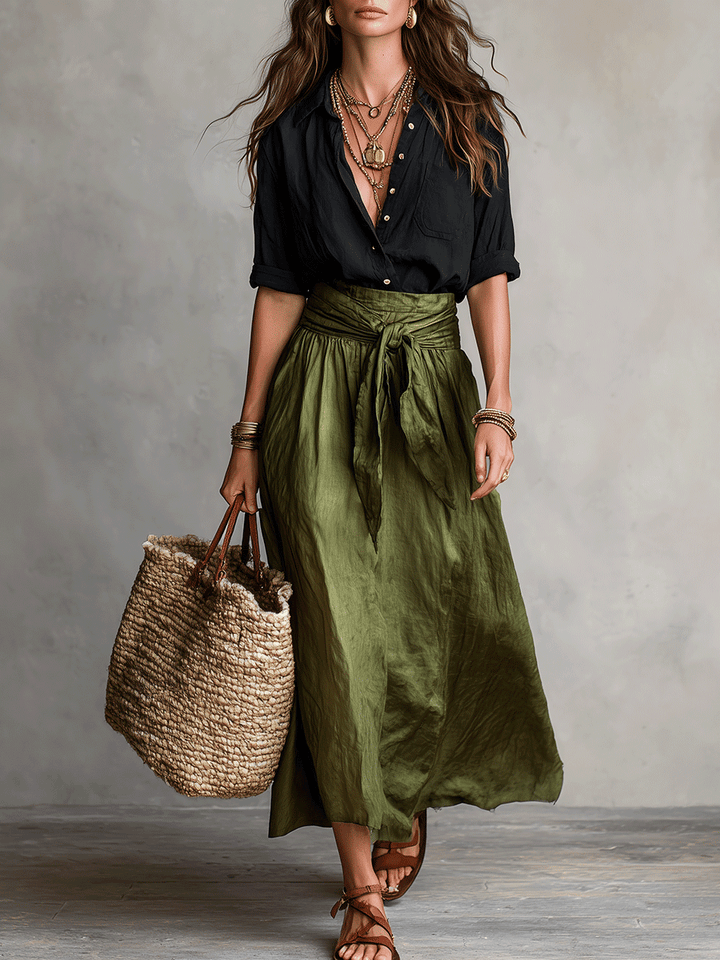 Effortless Boho Black Blouse &amp; Olive Satin Midi Skirt Set