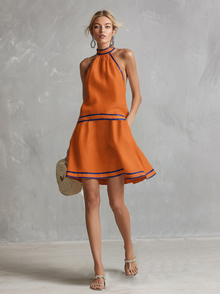 Elegant Color-Block Trim Orange Cotton-Linen Halter Sleeveless Mini Dress