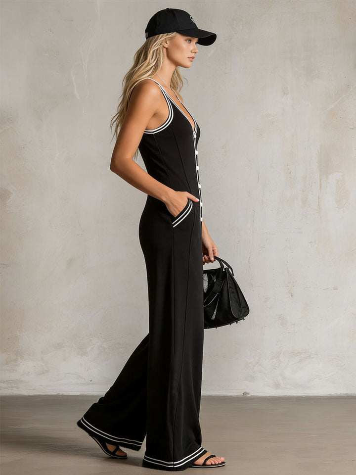 Color-blocked V-neck Button-down Double-pocket Sleeveless Jumpsuit
