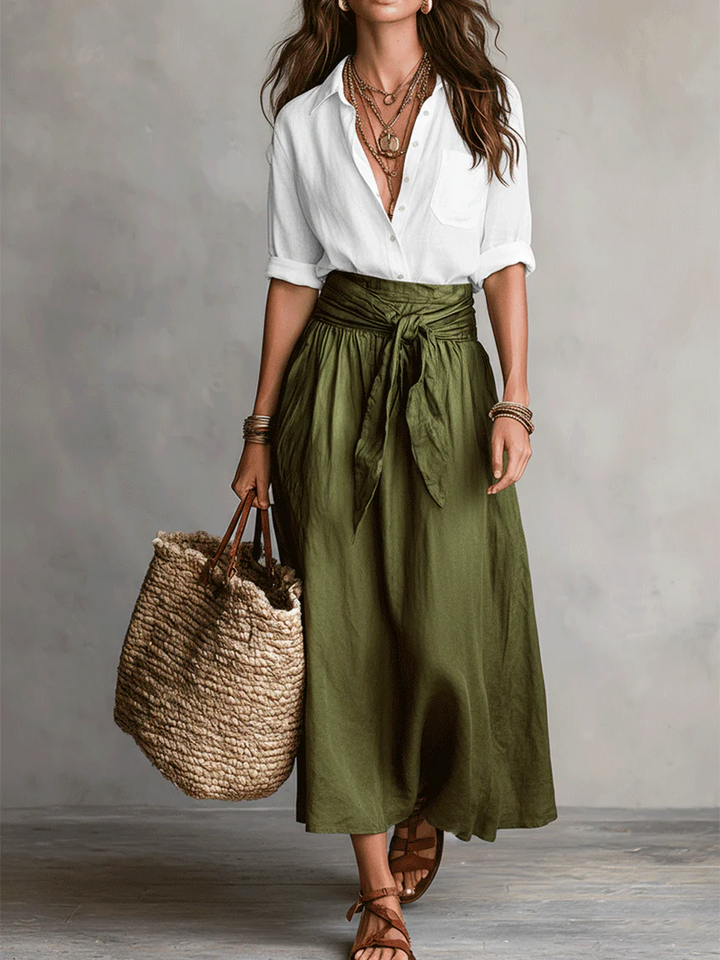 Effortless Boho Black Blouse &amp; Olive Satin Midi Skirt Set