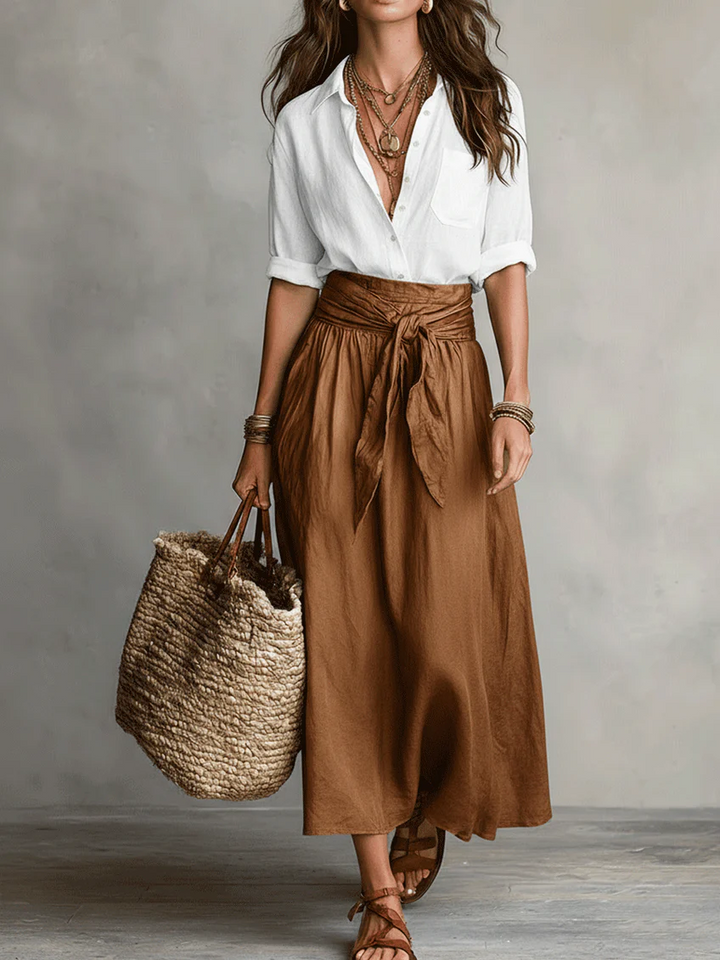 Effortless Boho Black Blouse &amp; Olive Satin Midi Skirt Set