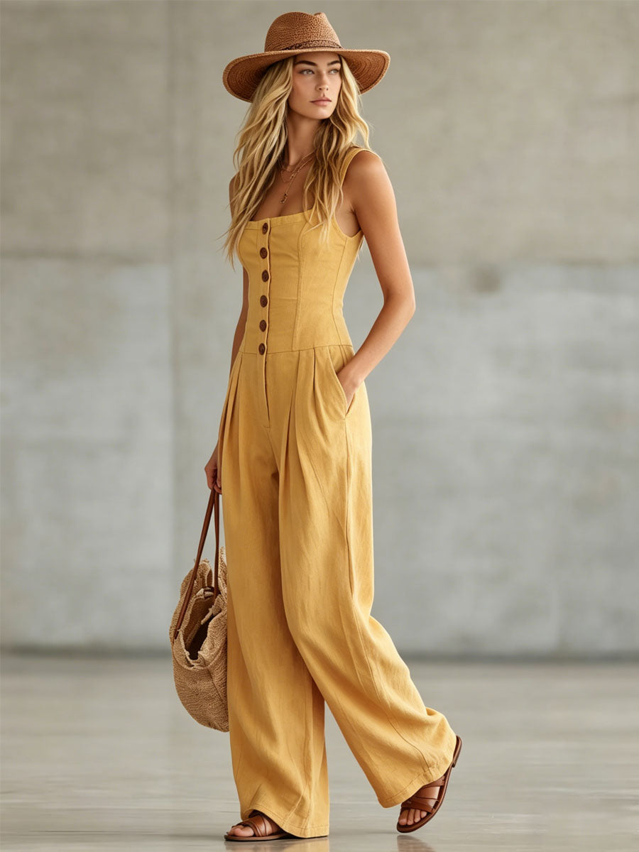 Retro-style Wide-strap Single-breasted Cotton-linen Sleeveless Jumpsuit