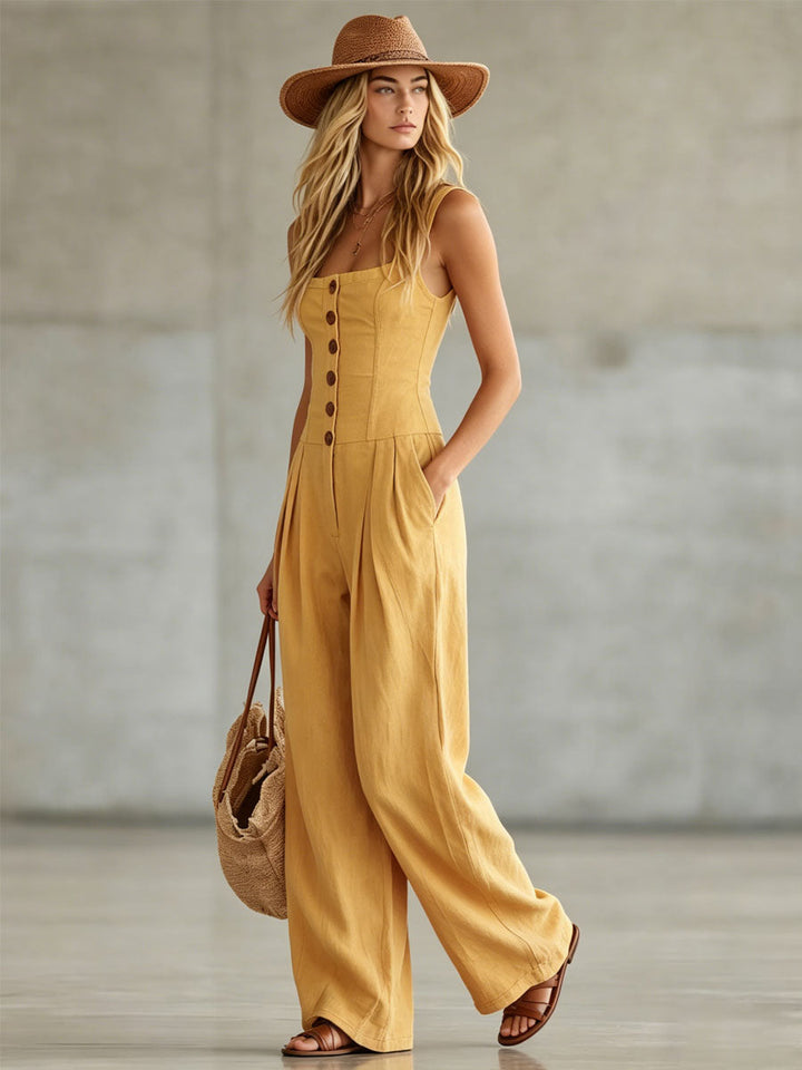 Retro-style Wide-strap Single-breasted Cotton-linen Sleeveless Jumpsuit
