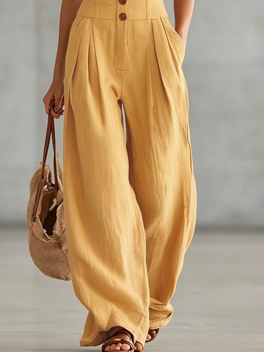 Retro-style Wide-strap Single-breasted Cotton-linen Sleeveless Jumpsuit