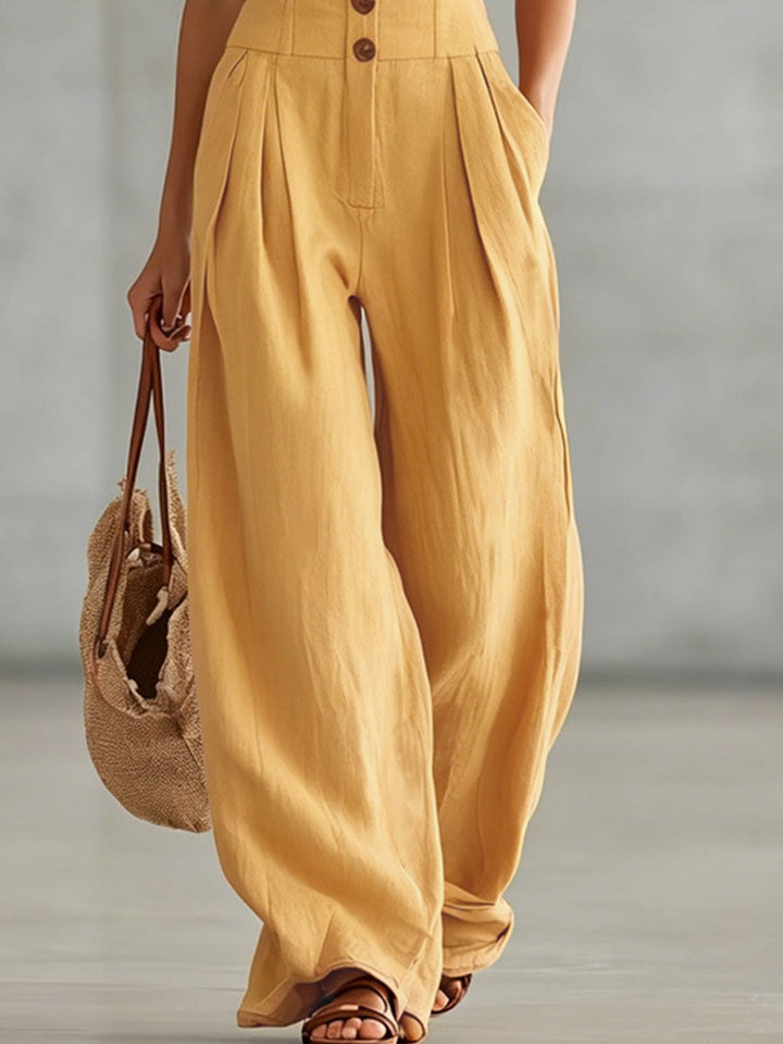 Retro-style Wide-strap Single-breasted Cotton-linen Sleeveless Jumpsuit
