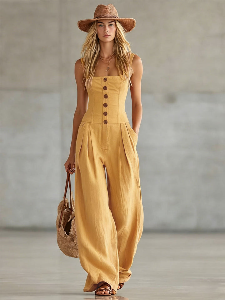 Retro-style Wide-strap Single-breasted Cotton-linen Sleeveless Jumpsuit