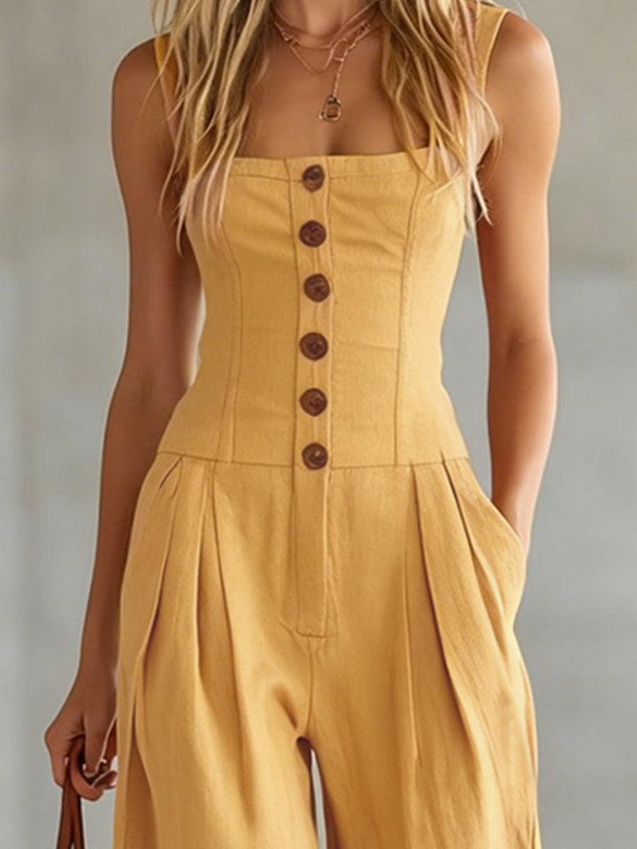 Retro-style Wide-strap Single-breasted Cotton-linen Sleeveless Jumpsuit