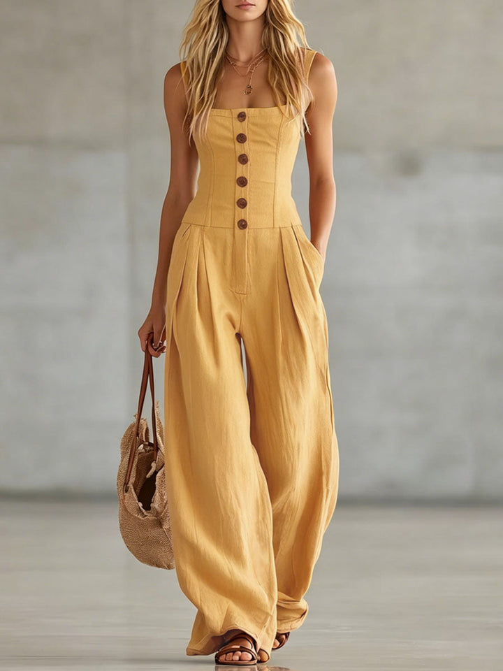 Retro-style Wide-strap Single-breasted Cotton-linen Sleeveless Jumpsuit