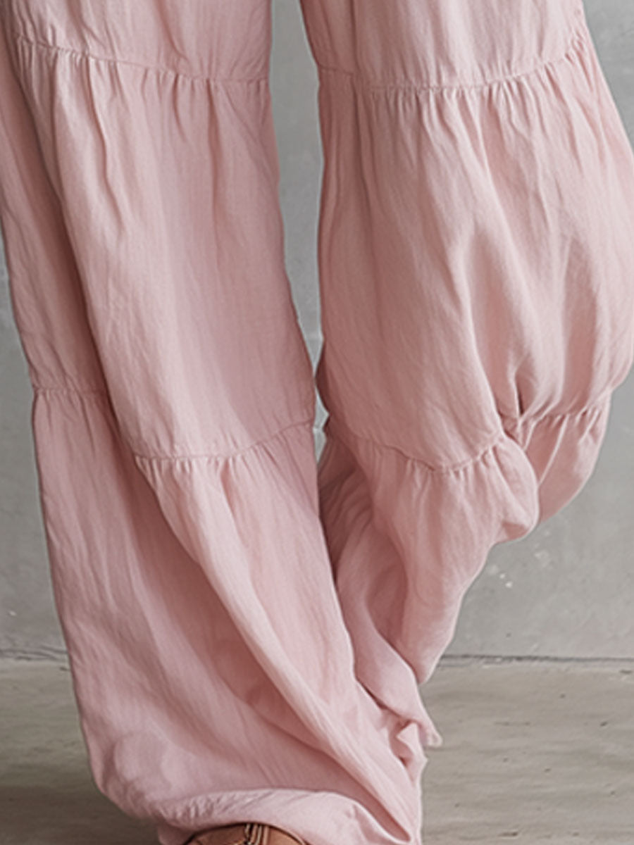 Casual Retro Ruffled Pink Sleeveless V-neck Button Cotton And Linen Jumpsuit