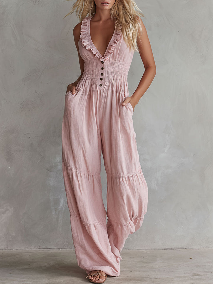 Casual Retro Ruffled Pink Sleeveless V-neck Button Cotton And Linen Jumpsuit