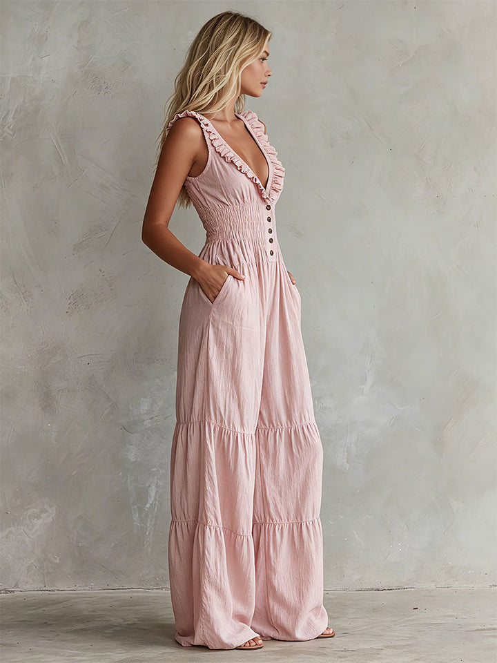 Casual Retro Ruffled Pink Sleeveless V-neck Button Cotton And Linen Jumpsuit