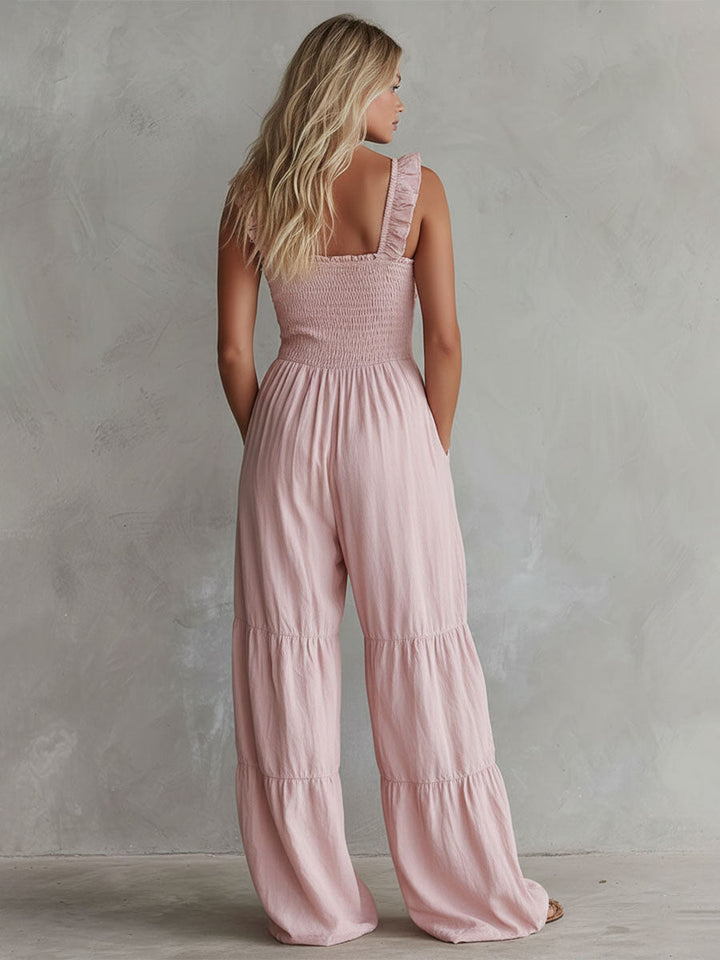 Casual Retro Ruffled Pink Sleeveless V-neck Button Cotton And Linen Jumpsuit