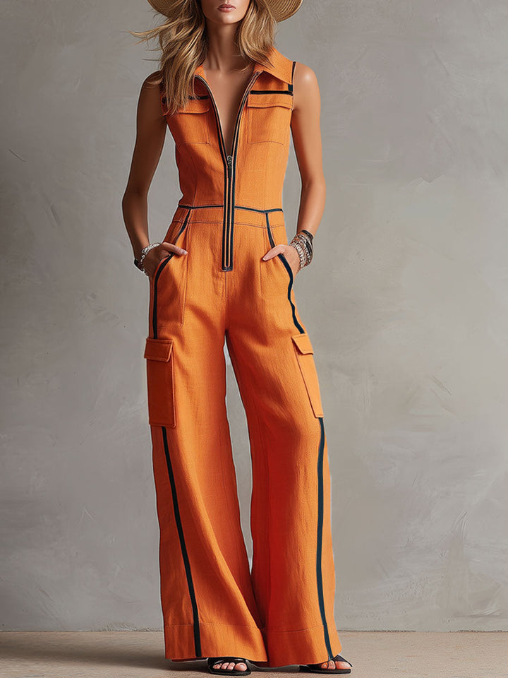 Casual Retro Color-blocked Orange Cotton Linen Sleeveless Jumpsuit