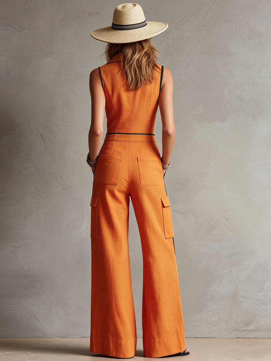 Casual Retro Color-blocked Orange Cotton Linen Sleeveless Jumpsuit