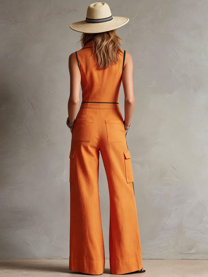 Casual Retro Color-blocked Orange Cotton Linen Sleeveless Jumpsuit