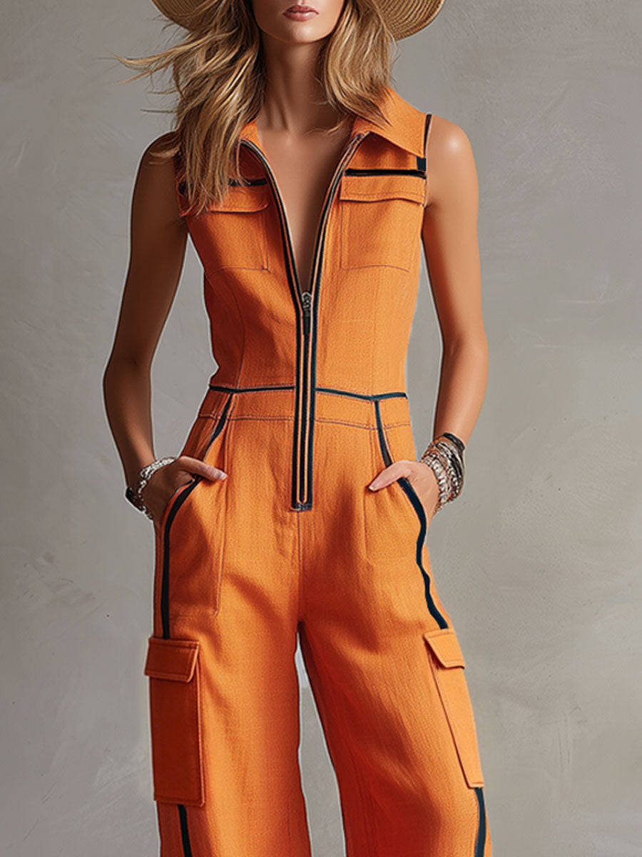 Casual Retro Color-blocked Orange Cotton Linen Sleeveless Jumpsuit