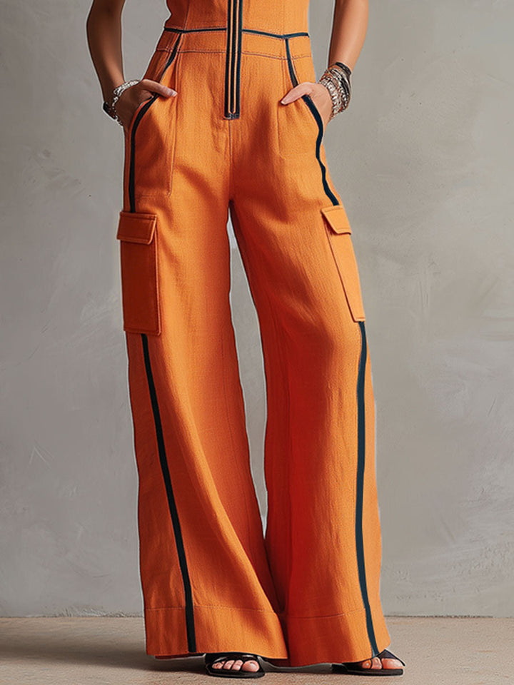 Casual Retro Color-blocked Orange Cotton Linen Sleeveless Jumpsuit