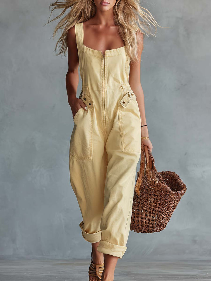 Casual Retro Square Neck Front Zipper Light Yellow Denim Jumpsuit
