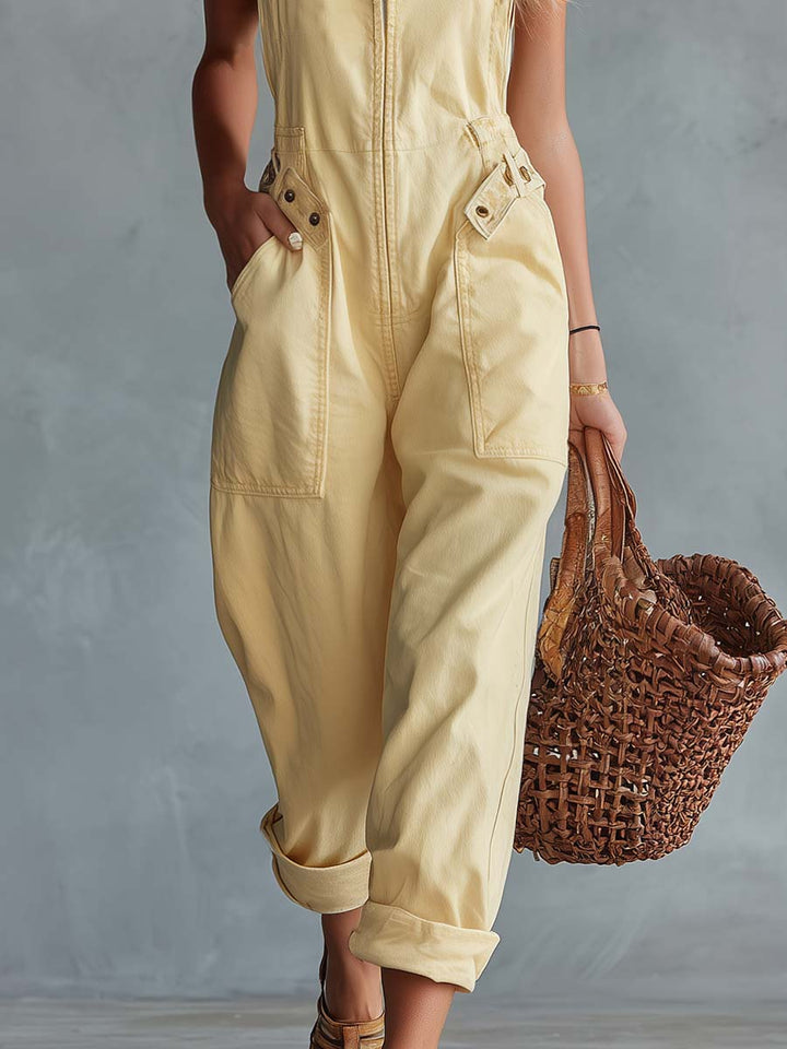 Casual Retro Square Neck Front Zipper Light Yellow Denim Jumpsuit