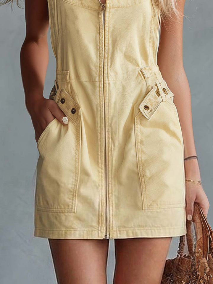 Casual Retro Square Neck Front Zipper Light Yellow Denim Mini Dress